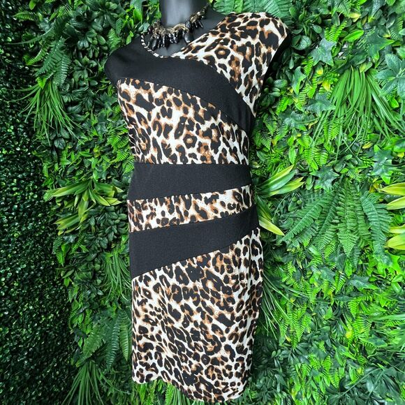 Women Dress Plus 3XL Black Leopard V Neck Sheath Stretch Fitted Spin 0976 - Picture 5 of 12